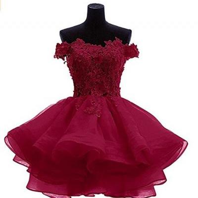 Homecoming Dress,Sexy Off Shoulder Burgundy Puffy Short Prom Homecoming Dresses,